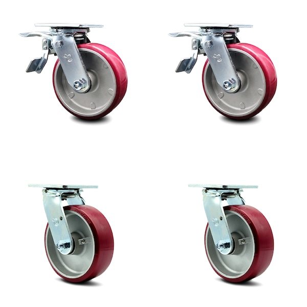 6 Inch Poly on Aluminum Swivel Caster Set with Ball Bearing 2 Total Lock Brake